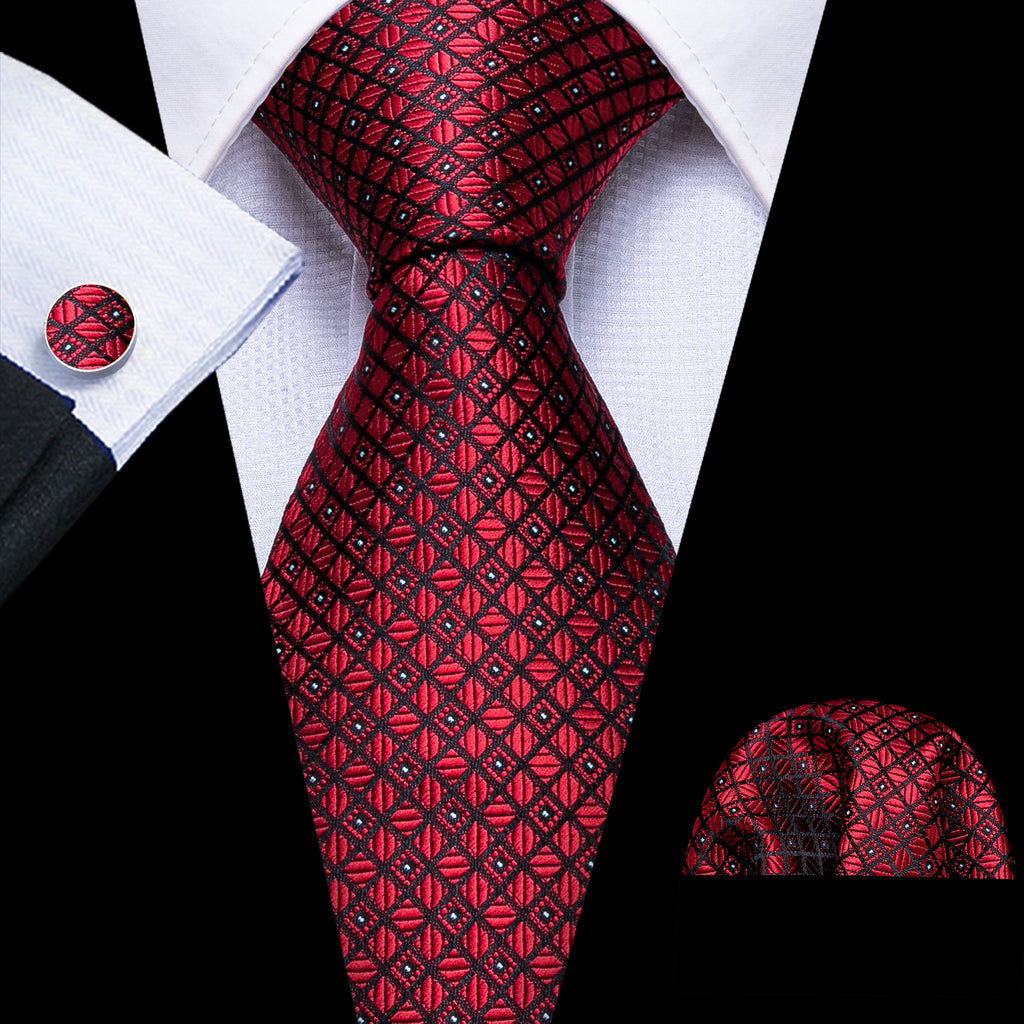 Black Red Plaid Tie, Pocket Square and Cufflinks Set tie sets    - Sophisticated Gentlemen