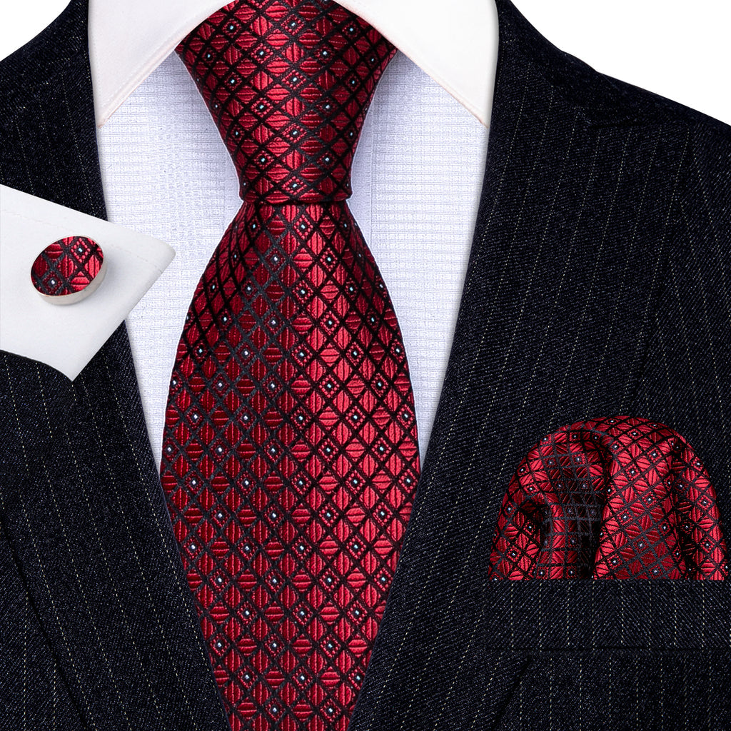 Black Red Plaid Tie, Pocket Square and Cufflinks Set tie sets    - Sophisticated Gentlemen