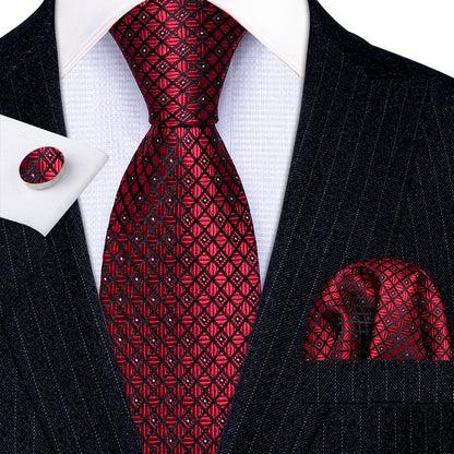 Black Red Plaid Tie, Pocket Square and Cufflinks Set tie sets    - Sophisticated Gentlemen