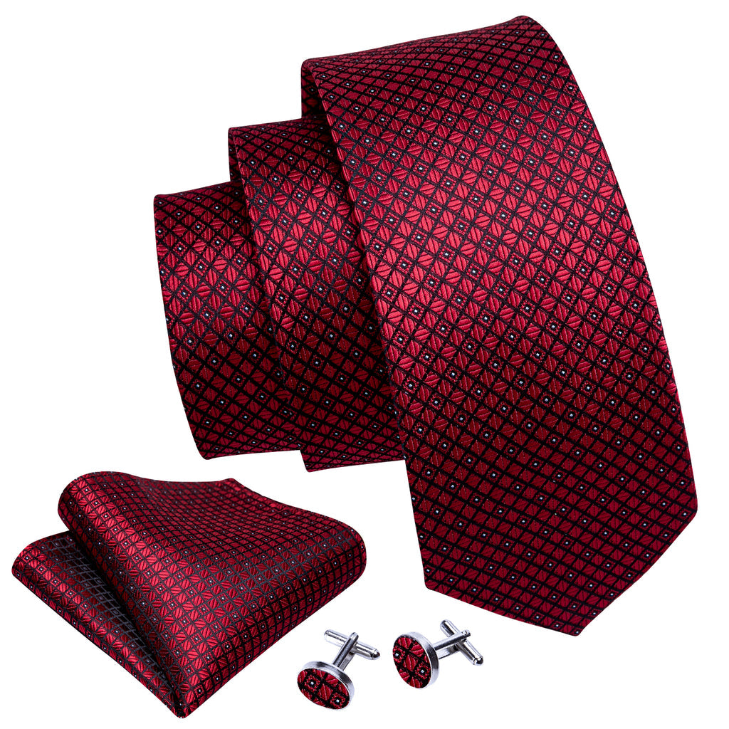 Black Red Plaid Tie, Pocket Square and Cufflinks Set tie sets    - Sophisticated Gentlemen