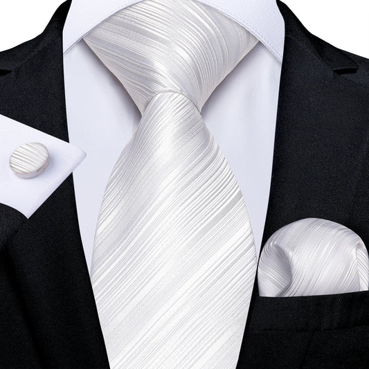 White Textured Striped Silk Tie Set with Pocket Square and Cufflinks tie sets - Sophisticated Gentlemen