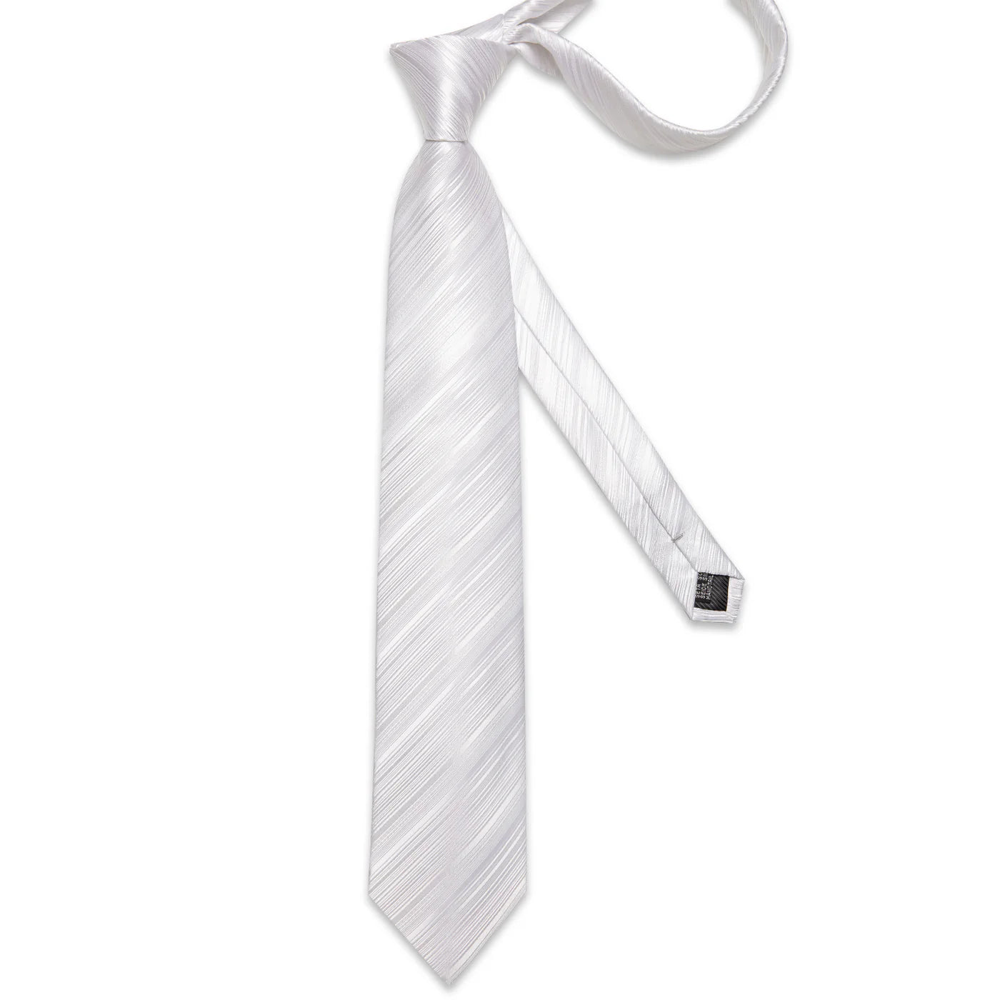 full length white textured striped silk necktie on white background