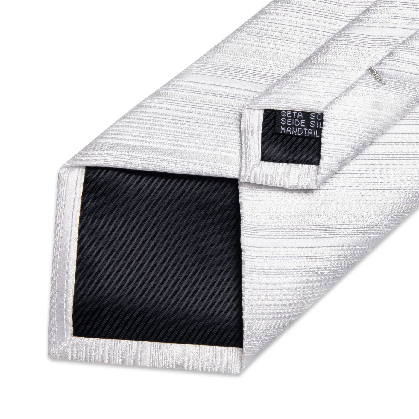 back view of white textured silk tie showing handmade finish and stitching