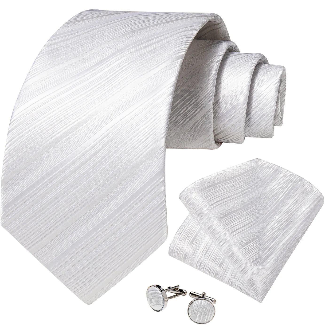 white textured striped silk tie set with matching pocket square and cufflinks