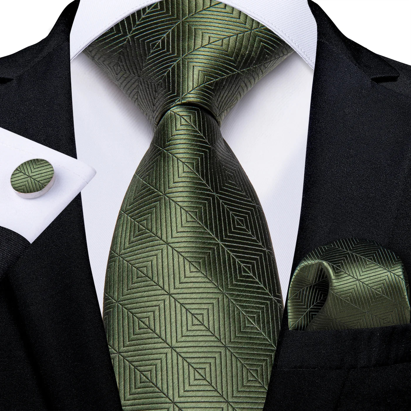 Dark green geometric silk tie set styled with matching pocket square and cufflink
