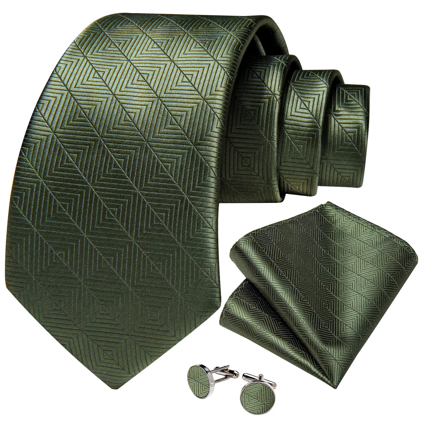 Dark green geometric silk tie with matching pocket square and cufflinks