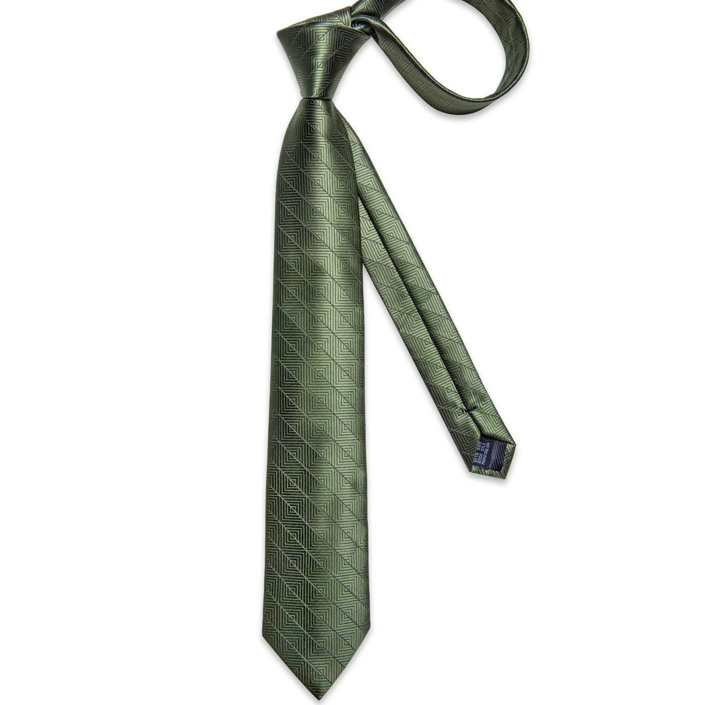 Full-length dark green geometric silk tie with woven square pattern