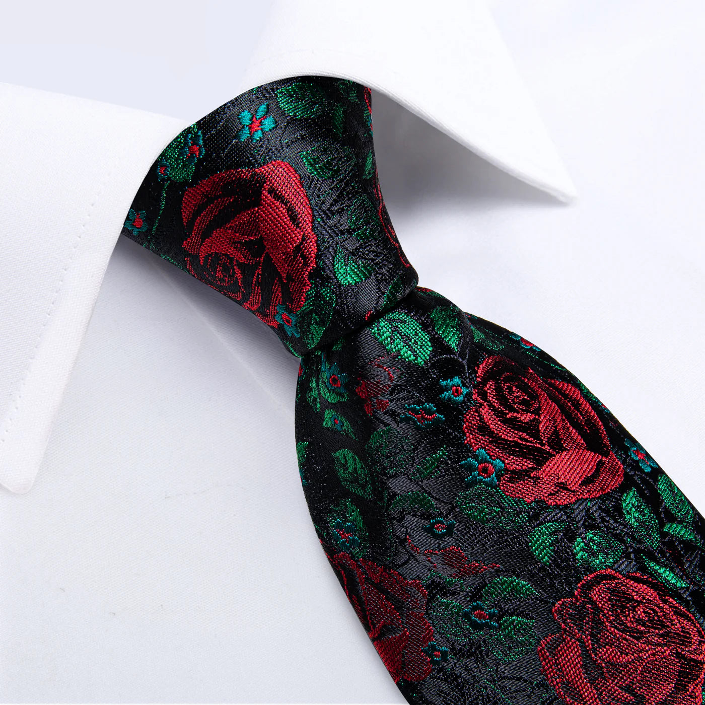 black red rose floral silk tie knot close up jacquard texture luxury detail