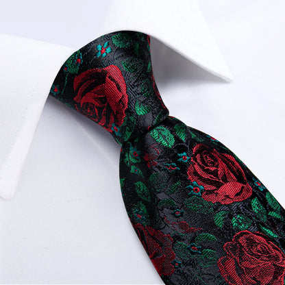 black red rose floral silk tie knot close up jacquard texture luxury detail