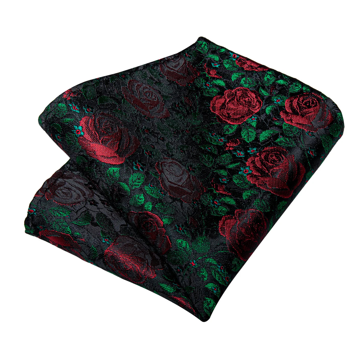 black silk pocket square with red rose floral pattern matching tie