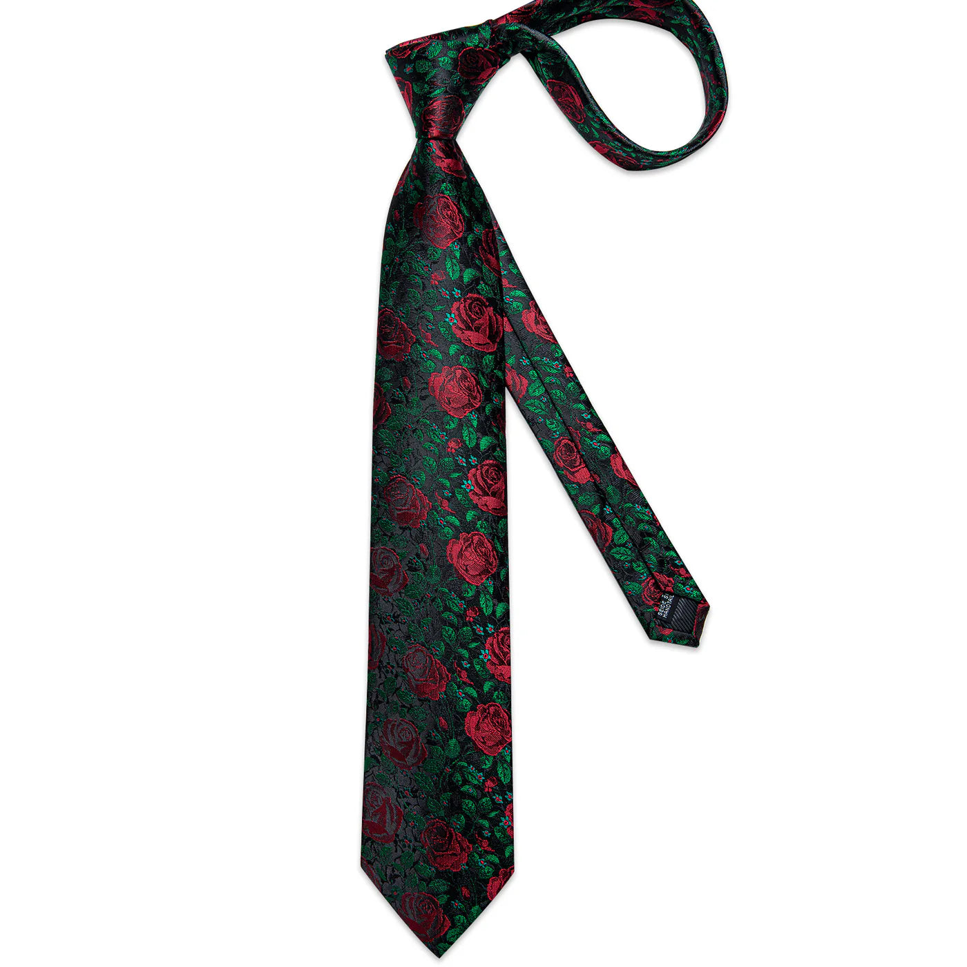 black floral silk tie with red roses and green leaves full length elegant mens necktie