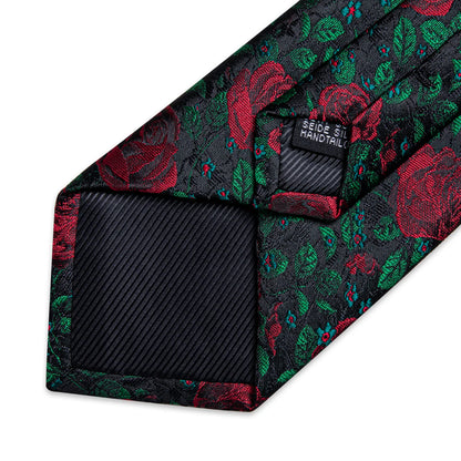 black floral silk tie inner lining detail red roses green leaves jacquard pattern