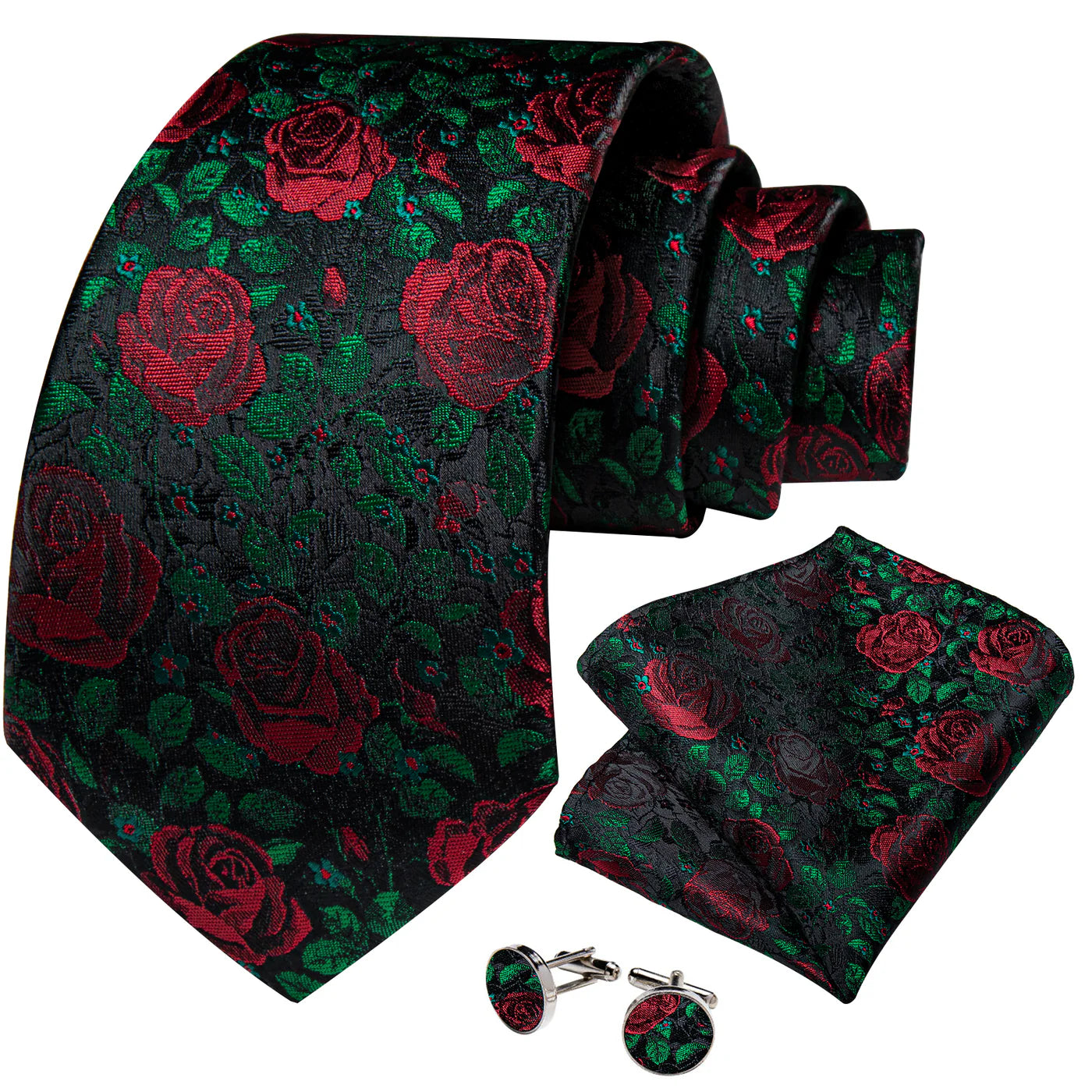 black red rose floral silk tie set with pocket square and cufflinks
