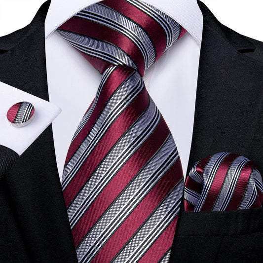 Burgundy & Silver Striped Silk Tie with Black Accents tie sets - Sophisticated Gentlemen