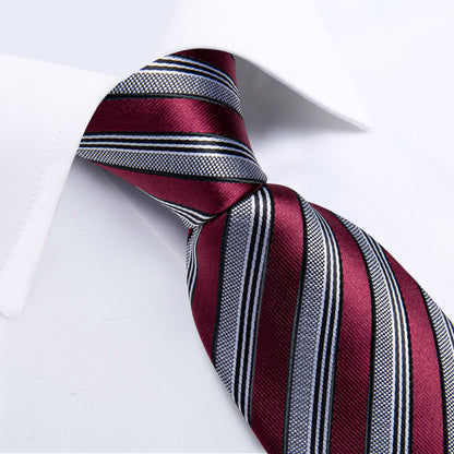 Burgundy & Silver Striped Silk Tie with Black Accents tie sets - Sophisticated Gentlemen