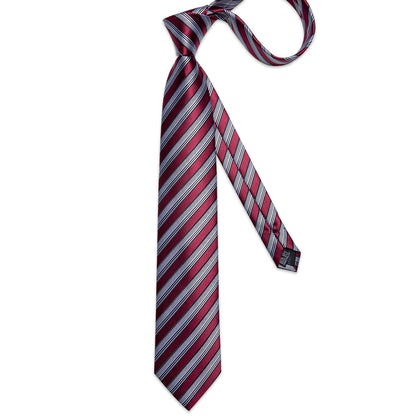 Burgundy & Silver Striped Silk Tie with Black Accents tie sets - Sophisticated Gentlemen