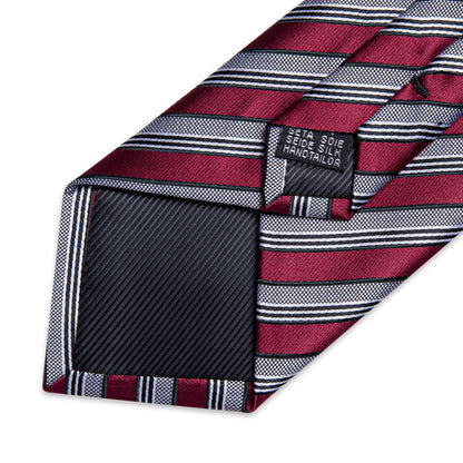 Burgundy & Silver Striped Silk Tie with Black Accents tie sets - Sophisticated Gentlemen