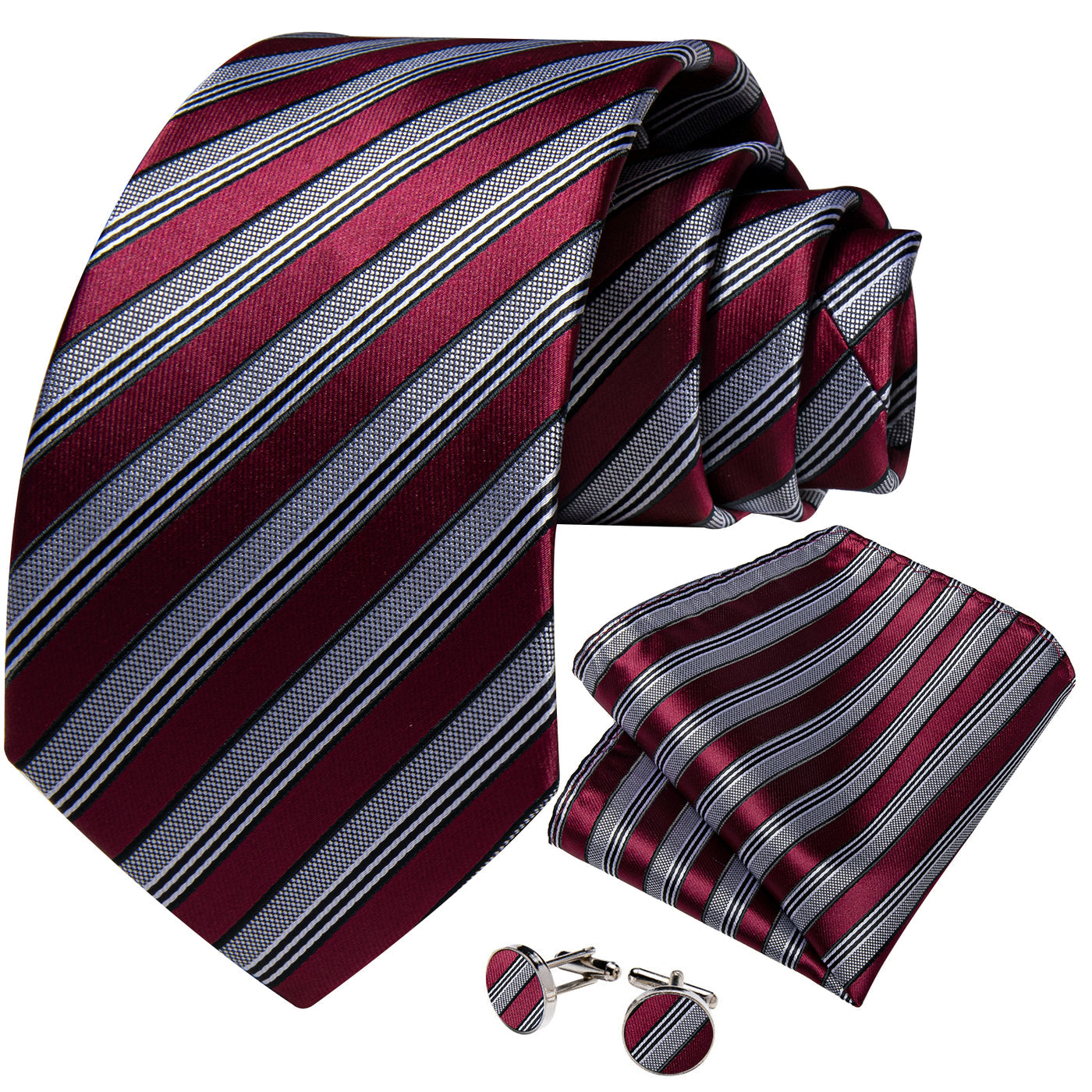 Burgundy & Silver Striped Silk Tie with Black Accents tie sets - Sophisticated Gentlemen