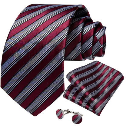 Burgundy & Silver Striped Silk Tie with Black Accents tie sets - Sophisticated Gentlemen