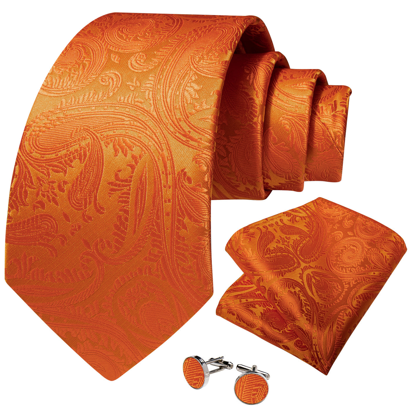 Orange Paisley Silk Tie, Pocket Square & Cufflinks Set tie sets - Sophisticated Gentlemen
