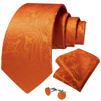 Orange Paisley Silk Tie, Pocket Square & Cufflinks Set tie sets - Sophisticated Gentlemen
