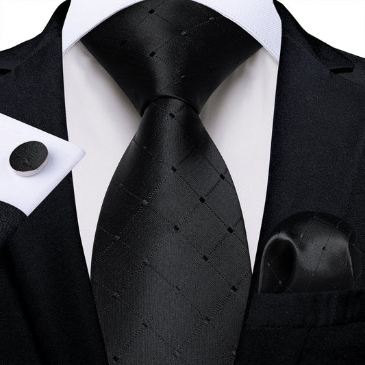 Black Plaid Tie, Pocket Square, Cufflinks and Tie Clip tie sets    - Sophisticated Gentlemen