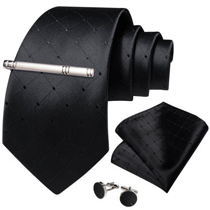 Black Plaid Tie, Pocket Square, Cufflinks and Tie Clip tie sets    - Sophisticated Gentlemen