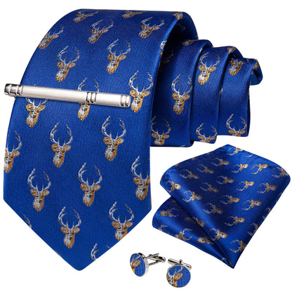 Blue and Brown Deers Tie, Pocket Square, Cufflinks and Tie Clip tie sets    - Sophisticated Gentlemen
