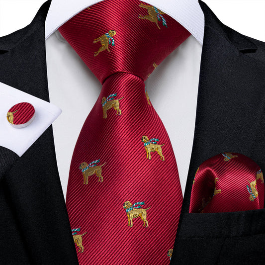 Red and Yellow Dogs Tie, Pocket Square, Cufflinks and Tie Clip tie sets    - Sophisticated Gentlemen