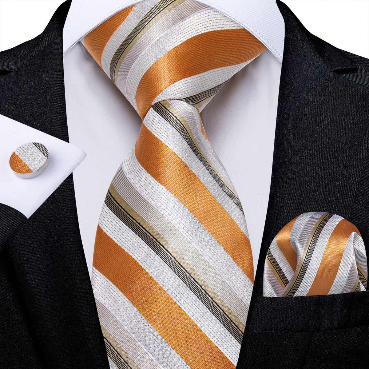Orange, White and Green Tie, Pocket Square, Cufflinks and Tie Clip tie sets    - Sophisticated Gentlemen