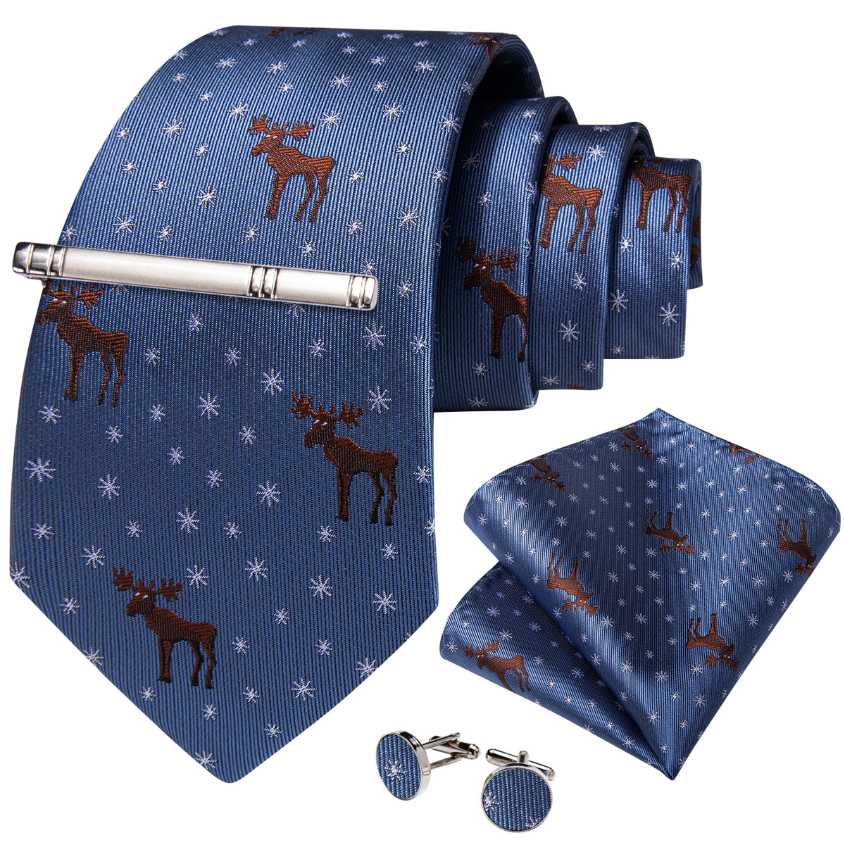 Deers and Snowflakes Tie, Pocket Square, Cufflinks and Tie Clip tie sets    - Sophisticated Gentlemen