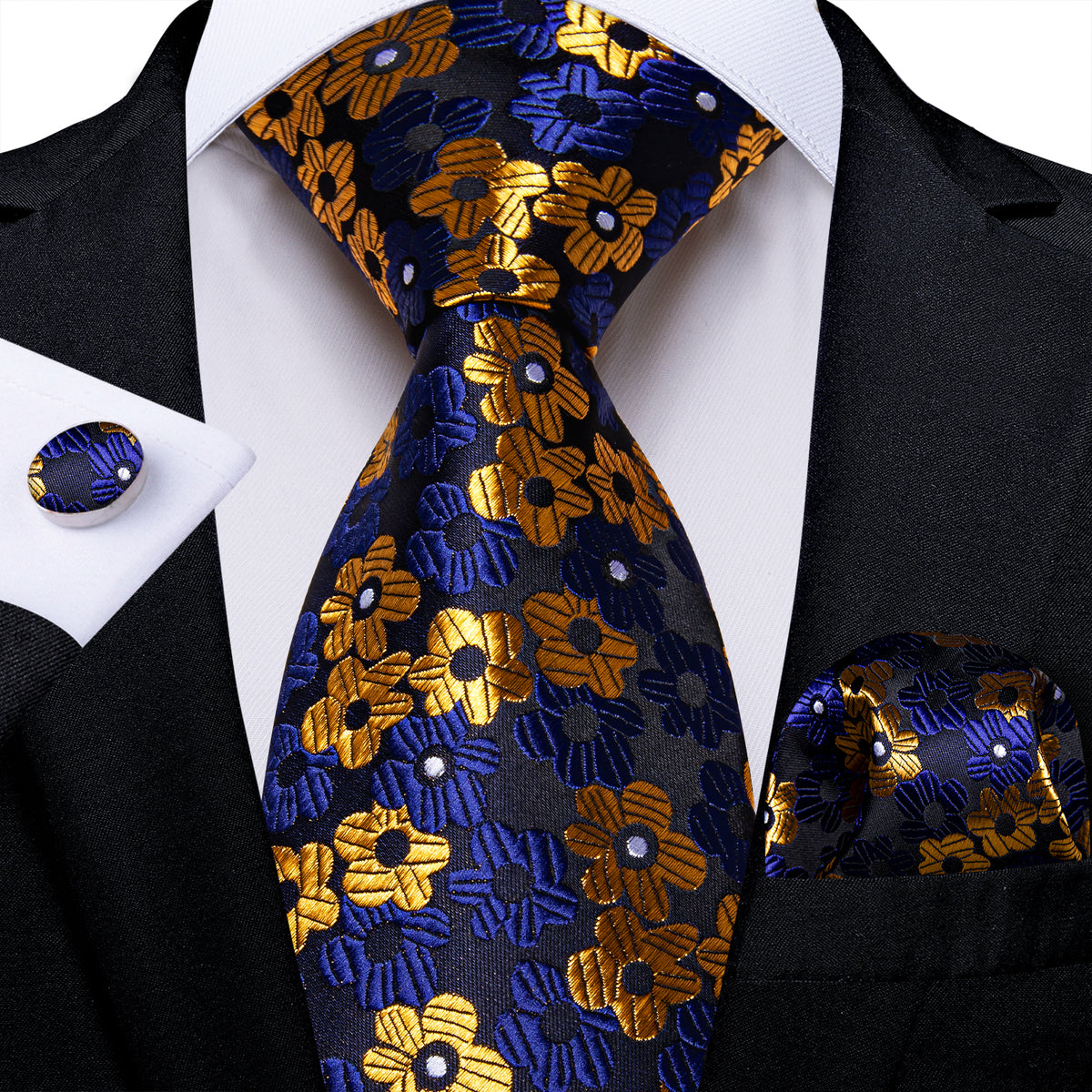 Sophgent Blue Yellow and Black Floral Silk Tie Pocket Square and Cufflinks