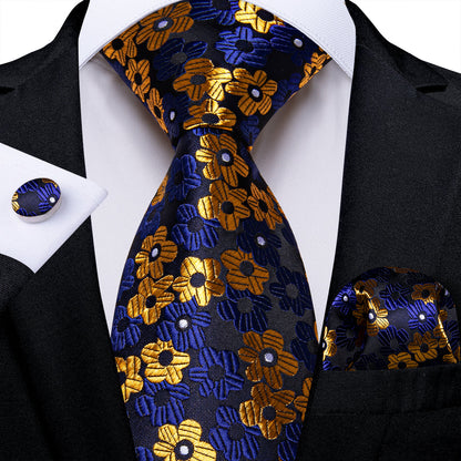 Blue, Yellow and Black Floral Silk Tie, Pocket Square and Cufflinks tie sets    - Sophisticated Gentlemen