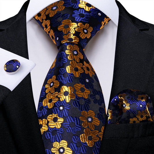 Blue, Yellow and Black Floral Silk Tie, Pocket Square and Cufflinks tie sets    - Sophisticated Gentlemen