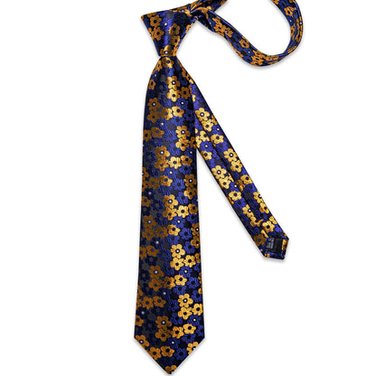 Blue, Yellow and Black Floral Silk Tie, Pocket Square and Cufflinks tie sets    - Sophisticated Gentlemen