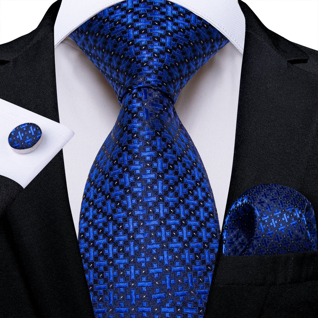 Blue and Black Geometric Silk Tie, Pocket Square and Cufflinks tie sets    - Sophisticated Gentlemen