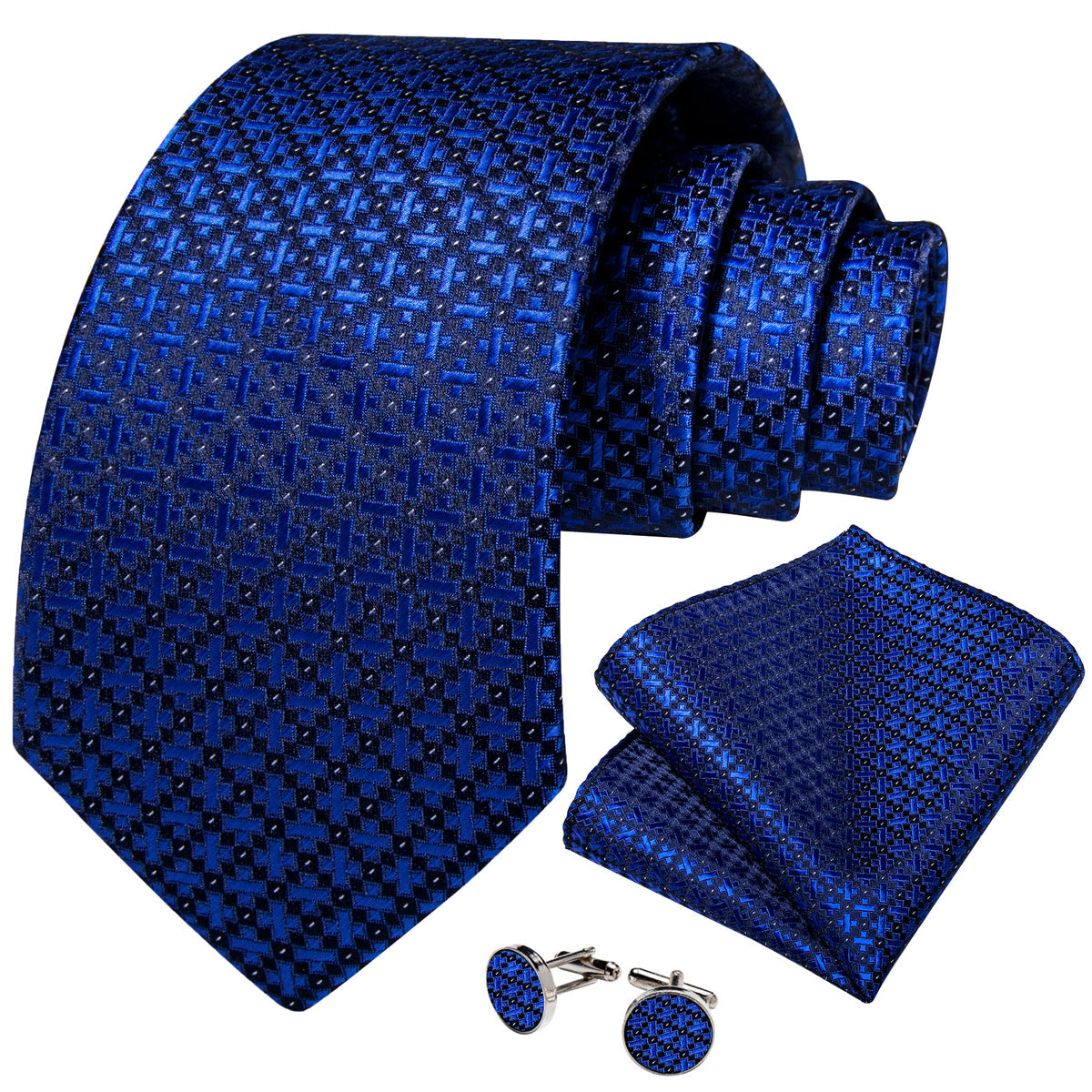 Blue and Black Geometric Silk Tie, Pocket Square and Cufflinks tie sets    - Sophisticated Gentlemen
