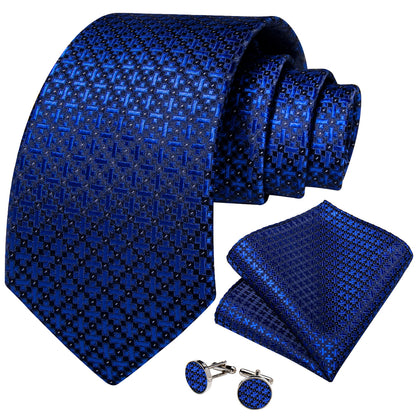 Blue and Black Geometric Silk Tie, Pocket Square and Cufflinks tie sets    - Sophisticated Gentlemen