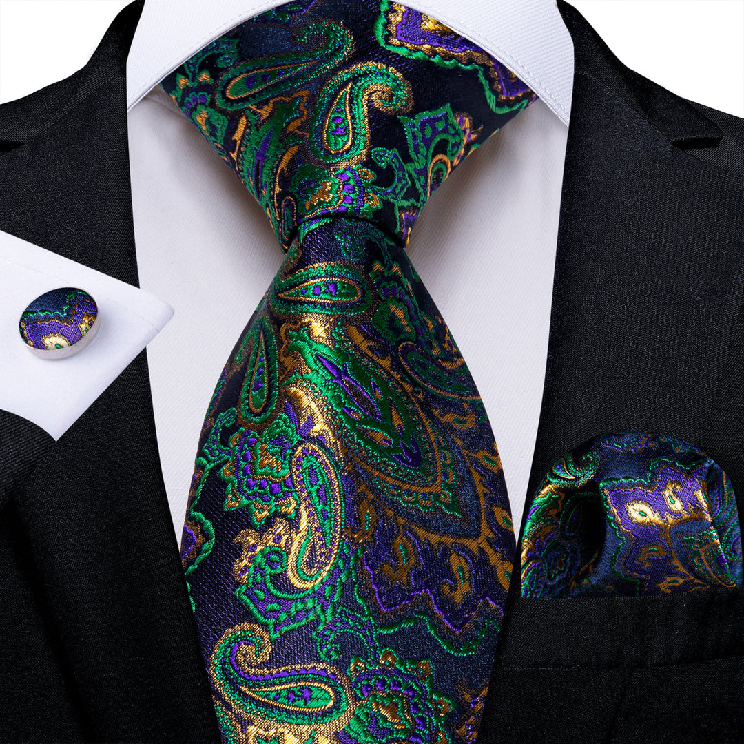 Green and Purple Paisley Silk Tie, Pocket Square and Cufflinks tie sets    - Sophisticated Gentlemen