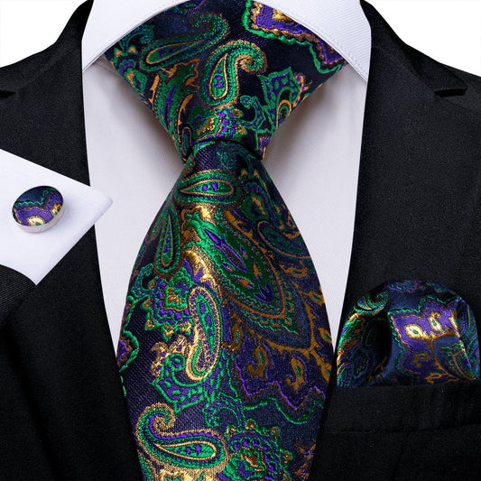 Green and Purple Paisley Silk Tie, Pocket Square and Cufflinks tie sets    - Sophisticated Gentlemen