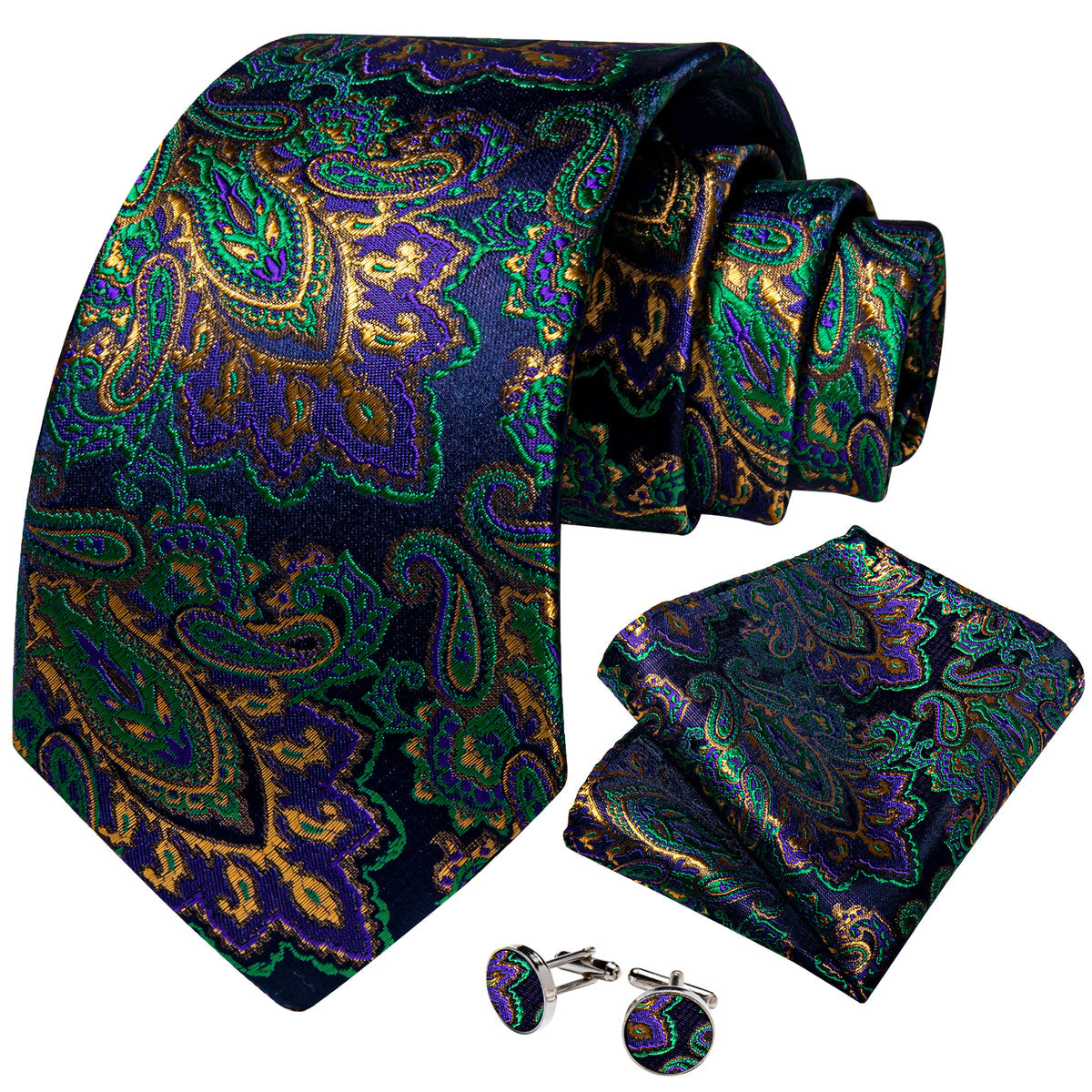 Green and Purple Paisley Silk Tie, Pocket Square and Cufflinks tie sets    - Sophisticated Gentlemen