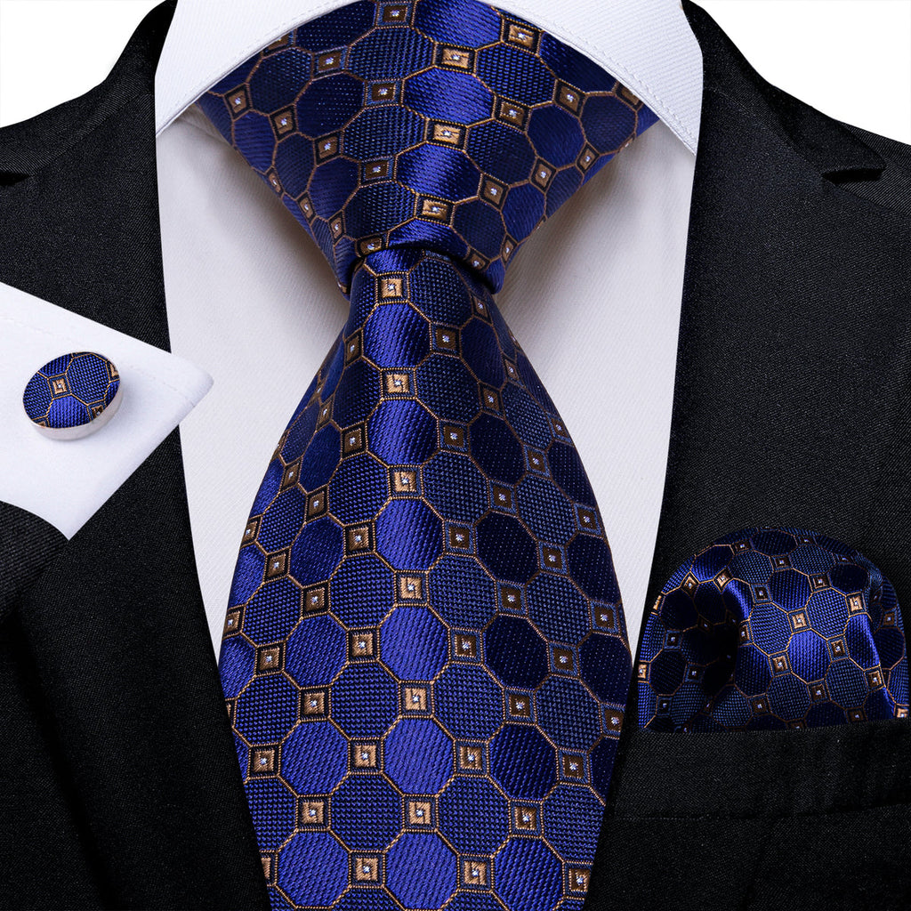 Blue, Brown and Black Geometric Silk Tie, Pocket Square and Cufflinks tie sets    - Sophisticated Gentlemen