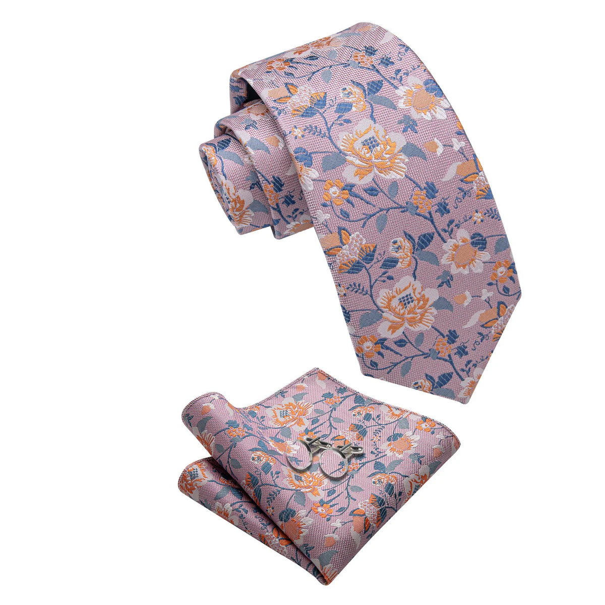 Pink floral men's tie set with matching pocket square and cufflinks