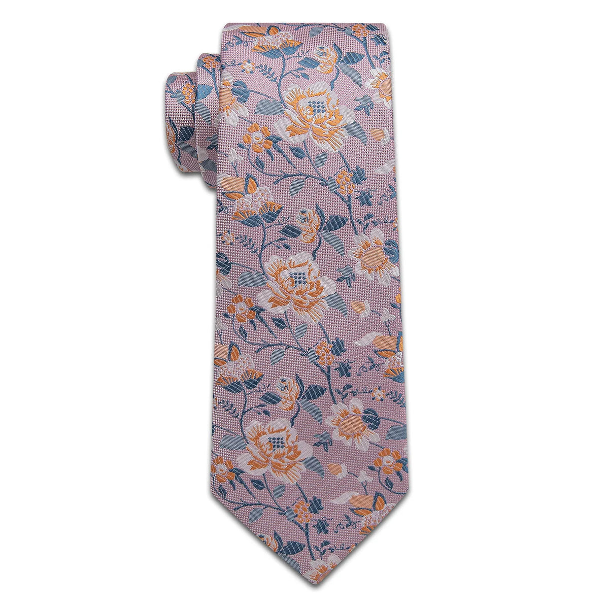 Pink floral necktie with blue and orange botanical pattern on white background
