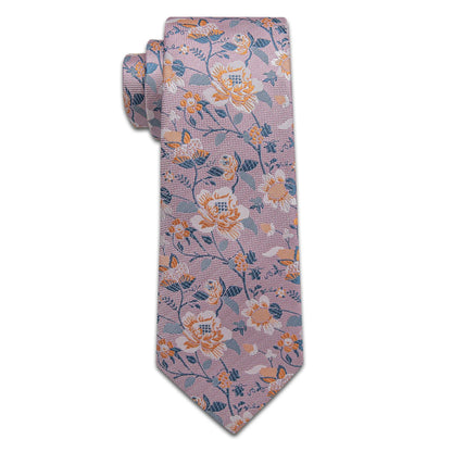 Pink floral necktie with blue and orange botanical pattern on white background