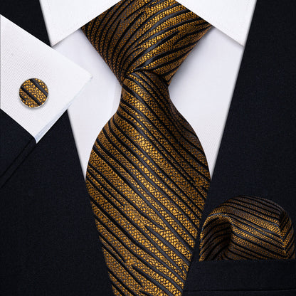 Gold and Black Striped Silk Tie, Pocket Square and Cufflinks tie sets    - Sophisticated Gentlemen