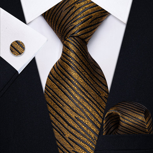 Gold and Black Striped Silk Tie, Pocket Square and Cufflinks tie sets    - Sophisticated Gentlemen