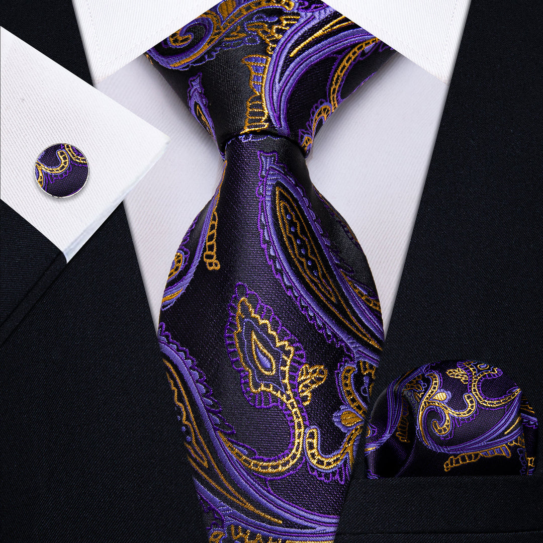 Gold and Purple Paisley Silk Tie, Pocket Square and Cufflinks tie sets    - Sophisticated Gentlemen