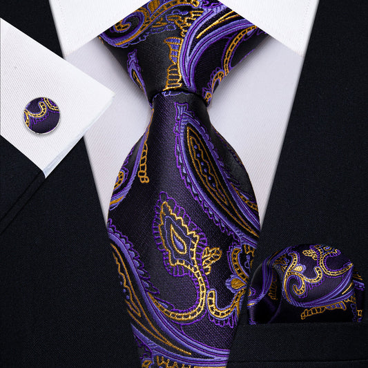 Gold and Purple Paisley Silk Tie, Pocket Square and Cufflinks tie sets    - Sophisticated Gentlemen