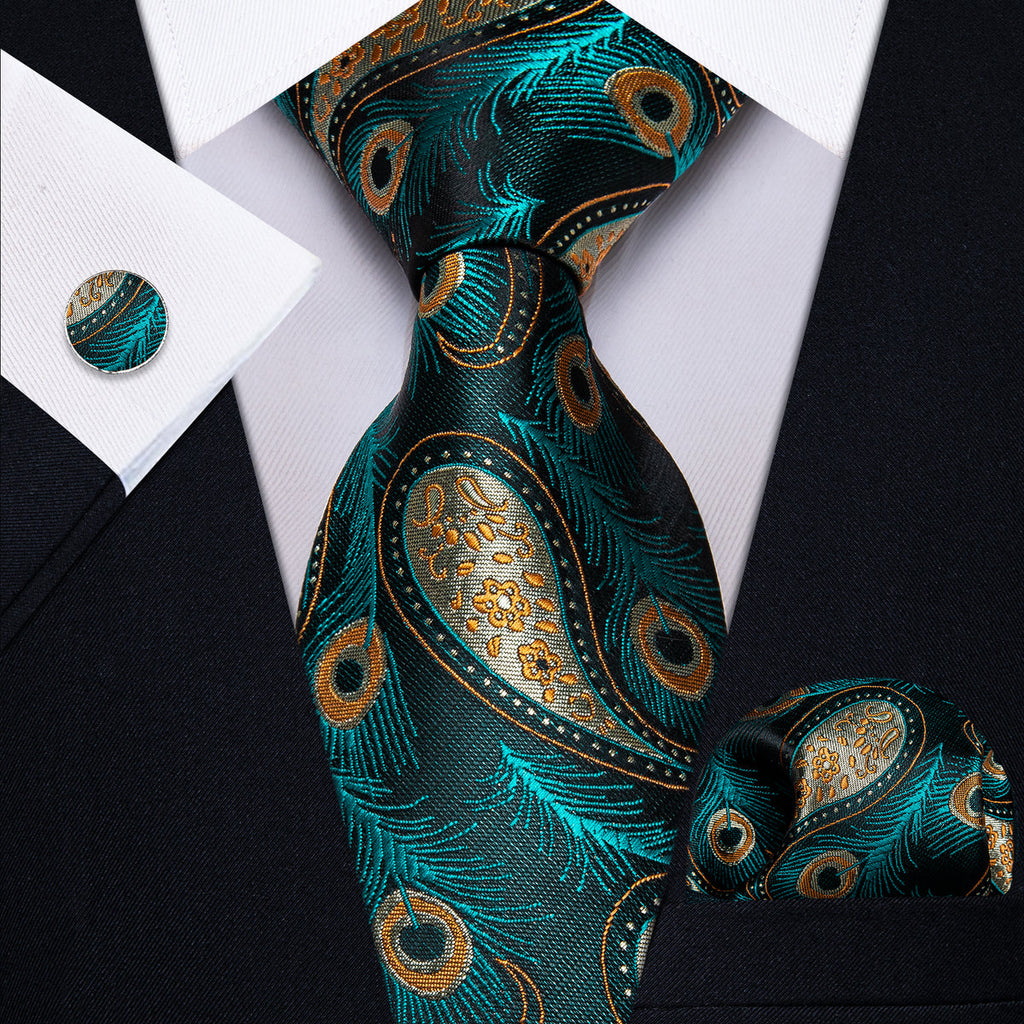 Blue, Green and Yellow Feather Silk Tie, Pocket Square and Cufflinks tie sets    - Sophisticated Gentlemen
